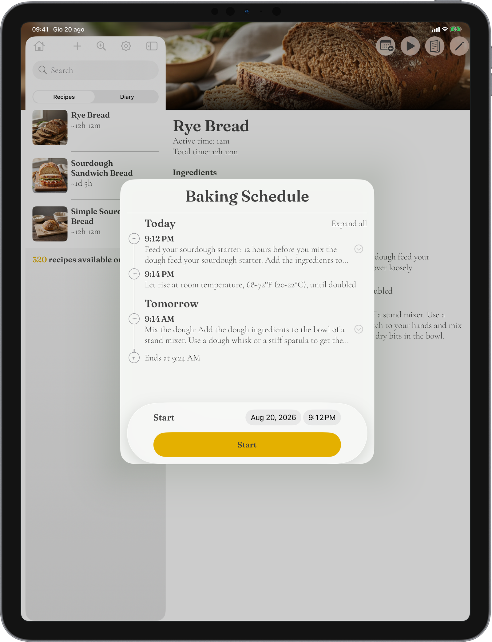 A baking schedule in Knead on iPad