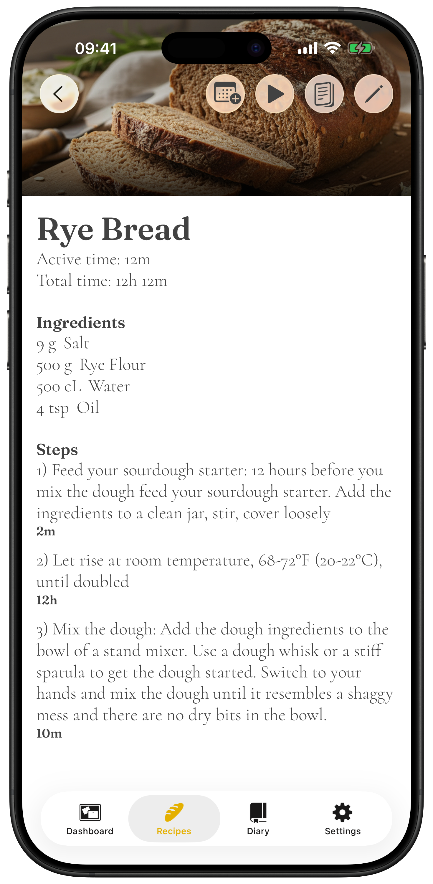 A recipe detail screen in Knead