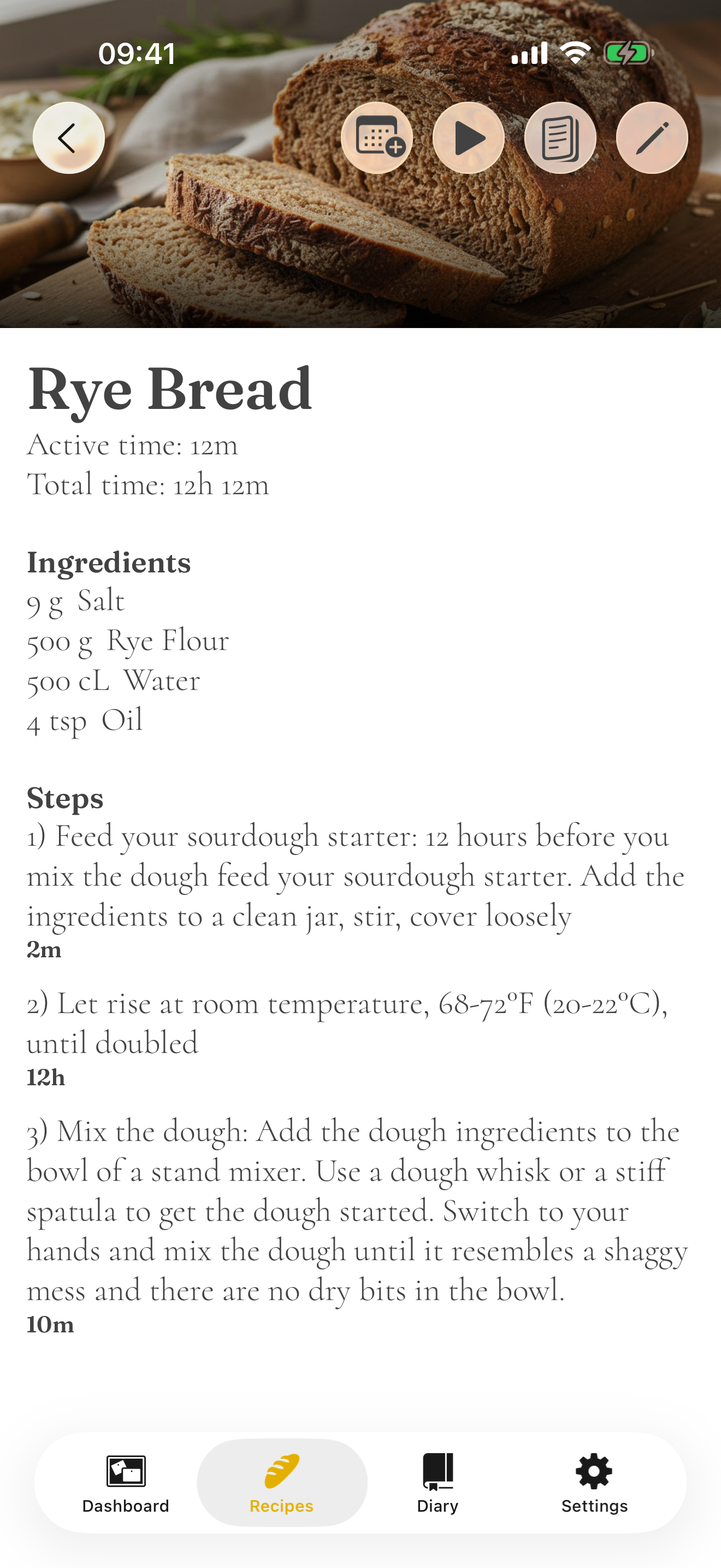 A recipe detail screen in Knead
