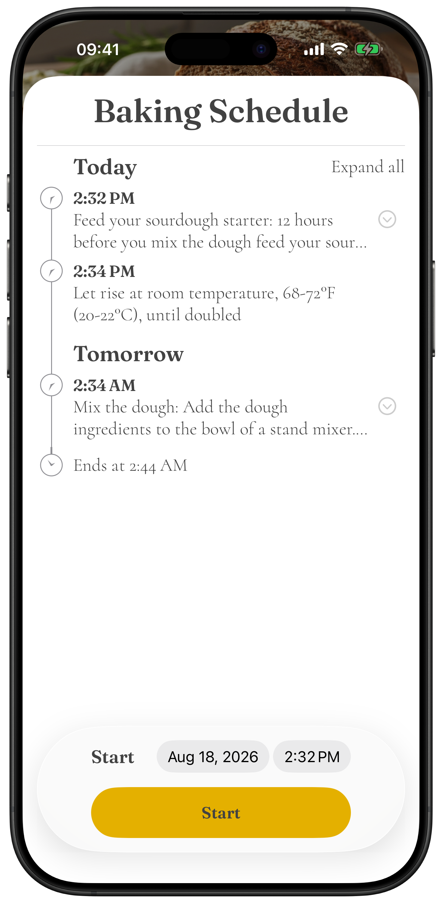 A baking schedule in Knead on iPhone