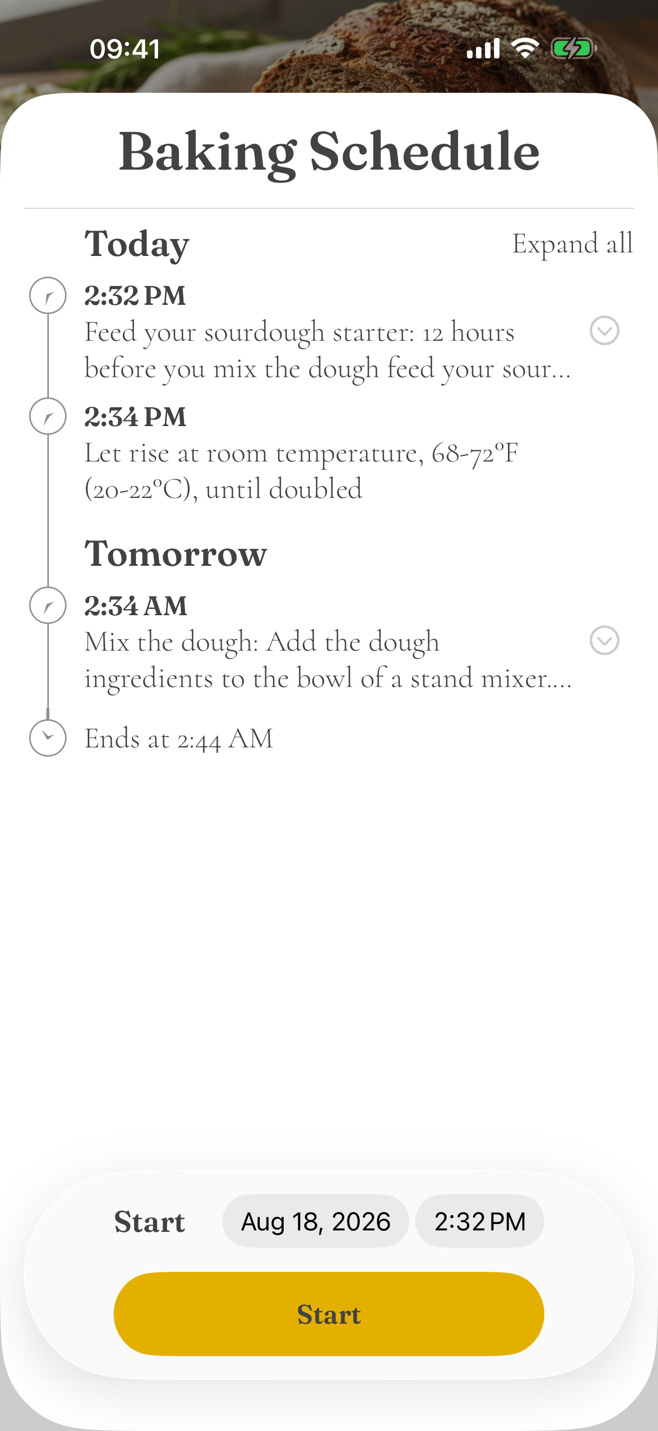 A baking schedule laid out in Knead on iPhone